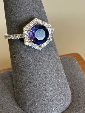 Gorgeous amethyst ring set in an unusual sterling silver setting.